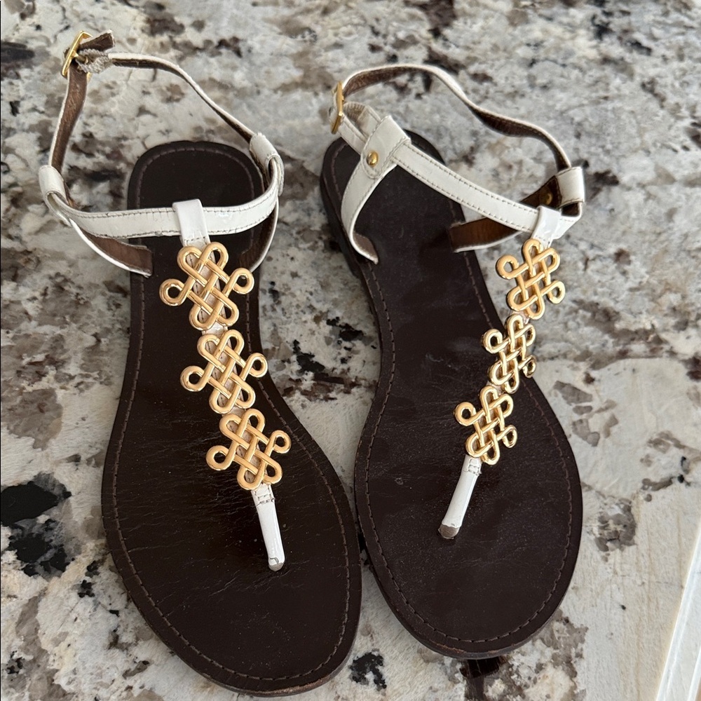 Diane Von Furstenberg White and Brown Sandals with Gold Detail
